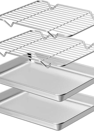 Wildone Baking Sheet with Rack Set [2 Sheets + 2 Racks], Stainless Steel Cookie Pan baking Tray with Cooling Rack, Size 9 x 7 x 1 Inch, Non Toxic & Heavy Duty & Easy Clean