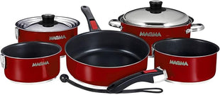 Magma 10 Piece Gourmet Nesting Stainless Steel Cookware Set with Ceramica Non-Stick, Induction Compatible, Oven Safe to 500°F - Suitable for All Stovetops, Removable Handles, Red