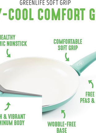 GreenLife Soft Grip Healthy Ceramic Nonstick, 15 Piece Cookware Pots and Pans Set, Induction, PFAS-Free, Dishwasher Safe, Turquoise