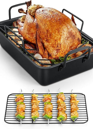 TeamFar Roasting Pan, 14” Nonstick Deep Lasagna Brownie Turkey Pan with V-Shaped Rack & Cooling Rack, with Stainless Steel Core & Nonstick Coating, Healthy & Heavy Duty, Easy to Clean, Set of 3