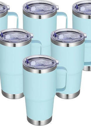 20 oz Stainless Steel Tumbler with Handle Bulk Metal Insulated Tumblers Travel Coffee Mug with Handle Double Wall Tumbler Cup with Lid and Straw, Mint Green 6 Pack