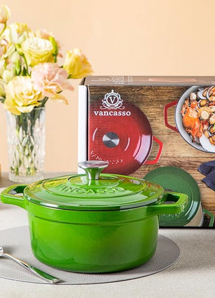 vancasso Enameled Cast Iron Dutch Oven, 2.5 QT Green Naturally Non-Stick Casserole Dish Cookware, with Stainless Steel Knob Lid Cast Iron Casserole for Steam Braise Bake Broil Saute Simmer Roast