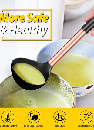 Pack of 2 Ladle Spoon,Silicone Large Spoon for Soup,Non Stick Kitchen Utensils with High Heat Resistant,BPA Free Perfect Kitchen Tools for Cooking, Stirring,Serving Soups (ROSE GOLD BLACK-KHAKI)
