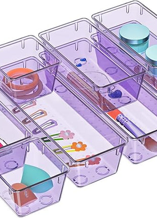 WOWBOX 9 Pack Clear Drawer Organizer Set, Acrylic Drawer Storage Trays, Storage Bins for Makeup, Cosmetics, Jewelries, Utensils, Gadgets, Office, Purple