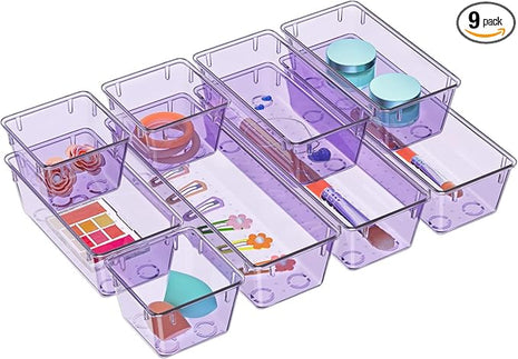 WOWBOX 9 Pack Clear Drawer Organizer Set, Acrylic Drawer Storage Trays, Storage Bins for Makeup, Cosmetics, Jewelries, Utensils, Gadgets, Office, Purple