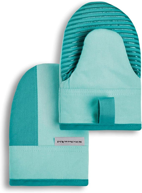 KitchenAid Beacon Two-Tone Non-Slip Mini Oven Mitt Set, Aqua Sky, 5.5"x8", 2 Piece