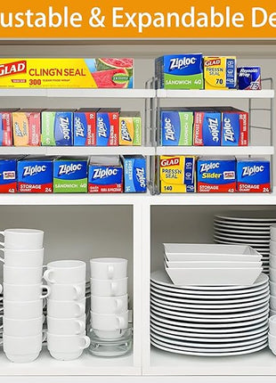 2 Pack Pantry Organization and Storage, Expandable Foil and Plastic Wrap Organizer, Adjustable Kitchen Wrap Organizer Rack for Cabinet, Foil Saran Wrap Holder Shelf for Sandwich Plastic Bags Box,