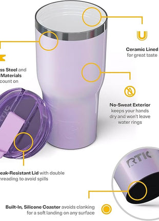 RTIC 30oz Essential Tumbler with Lid, Ceramic Lined, Insulated, Stainless Steel, Metal, Double Wall Vacuum-Insulation, Travel Cup for Iced Coffee, Tea, Hot and Cold Drink, Lavender Glitter