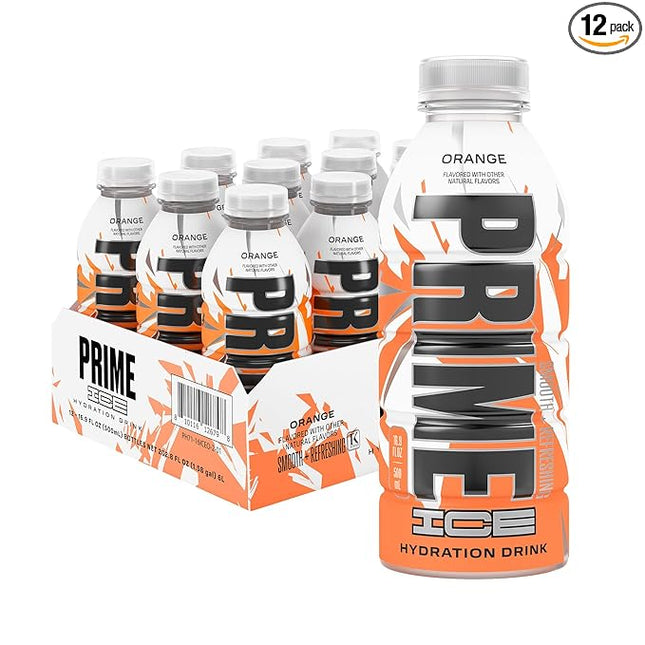 PRIME Hydration ICE ORANGE, Sports Drinks, Electrolyte Enhanced for Ultimate Hydration, 250mg BCAAs, B Vitamins, Antioxidants, Low Sugar, 16.9 Fl Oz, 12 Pack