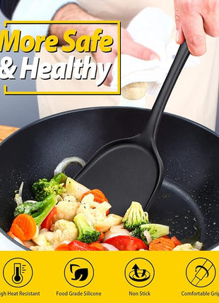 Pack of 2 Silicone Wok Spatula, Non-Stick, Heat Resistant, Easy to Clean and Dishwasher Safe, Seamless Kitchen Utensil for Cooking, Baking, Stir-Fry (Black)