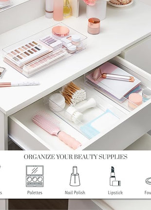 STORi SimpleSort 3-Piece Stackable Clear Drawer Organizer Set | 12" x 6" x 2" Rectangle Trays | Wide Makeup Vanity Storage Bins and Office Desk Drawer Dividers | Made in USA