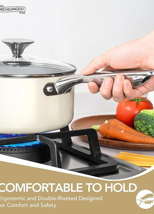 MICHELANGELO Ceramic Pots and Pans Set Non Stick - 8 Pcs Ceramic Cookware Set Non Toxic, Healthy Cooking Set with Ergonomic Handle, Oven Safe & Compatible with All Stovetops - Cream