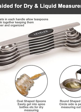 Aovchei 7 PCS Magnetic Measuring Spoons Set, Dual Sided, Stainless Steel Small Tablespoon, Teaspoons, Fits in Spice Jars, for Dry and Liquid, Black