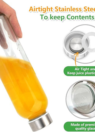 Zukro Glass Water Bottles with Lids 18 oz, 3 Pack Reusable Juice Bottles With Stainless Steel Airtight Cap for Juicing, Leak Proof Clear Drinking Jar Beverage storage container for Fridge, BPA Free