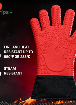Ekogrips+ Premium Silicone Oven Mitts - Comfy, Waterproof, Heat Resistant BBQ Gloves for Grilling, Long Cuff for Added Protection, 5 Finger Dexterity, 3 Sizes, 4 Colors, S/M, Red