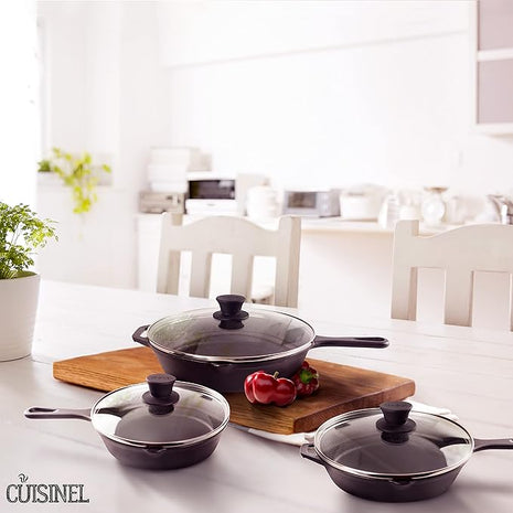 Cuisinel Cast Iron Skillets Set + Glass Lids - 8"+10"+12"-Inch Frying Pans + Silicone Handle Holder Covers - Pre-Seasoned Oven Cookware - Use Indoor/Outdoor, Grill, Stovetop, Camping Fire, Oven