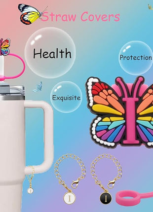 Butterfly Straw Cover for Stanley Cup 30&40 Oz 10mm Straw Topper with 2PCS Letter Charms (Letter I)