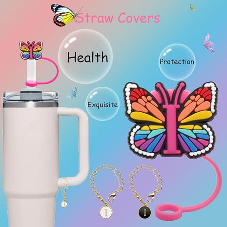 Butterfly Straw Cover for Stanley Cup 30&40 Oz 10mm Straw Topper with 2PCS Letter Charms (Letter I)