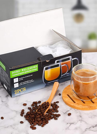 CNGLASS 10oz Double Walled Glass Coffee Mugs(4-pack),Clear Coffee Cups with Handle,Glass Espresso Mugs for Latte,Cappuccino,Tea