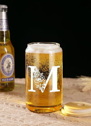 Coolife Initial Glass Cup, Monogrammed Gifts for Women, 16 oz Glass Cups w/Lids Straws, Iced Coffee Smoothie Beer Tumbler w/Straw Lid - Personalized Christmas, Birthday Gifts for Her Mom Friend Woman