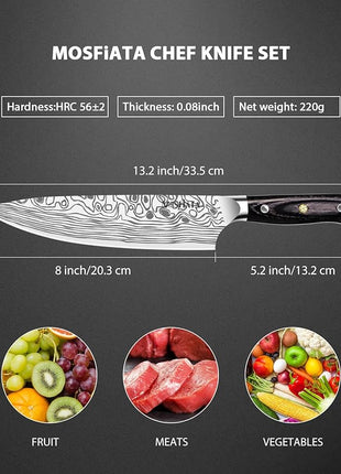 MOSFiATA 8" Super Sharp Professional Chef's Knife with Finger Guard and Knife Sharpener, German High Carbon Stainless Steel EN1.4116 with Micarta Handle and Gift Box