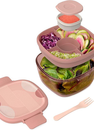 Bentgo Glass Prints All-in-One Salad Container - 61oz Tinted Glass Salad Bowl with Lid, Bento-Style Tray, Sauce Container, & Reusable Fork - Dishwasher & Microwave Safe (Mod Curve - Desert Rose)