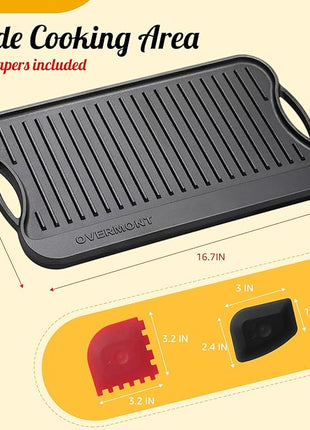 Overmont Pre-seasoned 17x9.8" Cast Iron Reversible Griddle Grill Pan with handles for Gas Stovetop Open Fire Oven, One tray, Scrapers Included