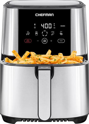 Chefman TurboFry Touch Air Fryer, Large 5-Quart Family Size, One Touch Digital Control Presets, French Fries, Chicken, Meat, Fish, Nonstick Dishwasher-Safe Parts, Automatic Shutoff, Stainless Steel