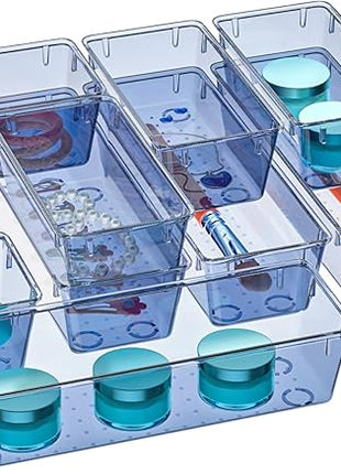 WOWBOX 12 Pack Clear Drawer Organizer Set, Acrylic Drawer Storage Trays, Storage Bins for Makeup, Cosmetics, Jewelries, Utensils, Gadgets, Office, Dark Blue