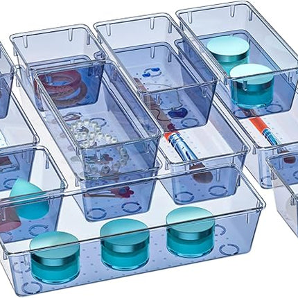 WOWBOX 12 Pack Clear Drawer Organizer Set, Acrylic Drawer Storage Trays, Storage Bins for Makeup, Cosmetics, Jewelries, Utensils, Gadgets, Office, Dark Blue