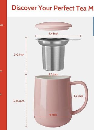Sweese 20 OZ Porcelain Tea Mug with Infuser and Lid, Loose Leaf Tea Cup, Gifts for Tea Lover - Pink