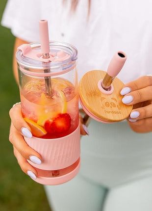 Pandaloo® Glass Cups With Lids and Straws -20 Fl Oz- Perfect Size Iced Coffee Cup - Smoothie Cup With Bamboo Lid and On the go Lid - Glass Tumbler (2 Count (Pack of 1), Boysenberry-Intense Teal)