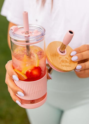 Pandaloo® Glass Cups With Lids and Straws -20 Fl Oz- Perfect Size Iced Coffee Cup - Smoothie Cup With Bamboo Lid and On the go Lid - (2 Count (Pack of 1), Black Saphir-Mediterranean Olive)