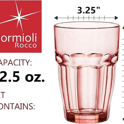 Bormioli Rocco Rock Bar 12.5 oz. Long Drink Stackable Tempered Beverage Glasses for Cold Drinks, Water, and Cocktails, Set of 6, Peach