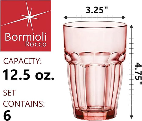 Bormioli Rocco Rock Bar 12.5 oz. Long Drink Stackable Tempered Beverage Glasses for Cold Drinks, Water, and Cocktails, Set of 6, Peach