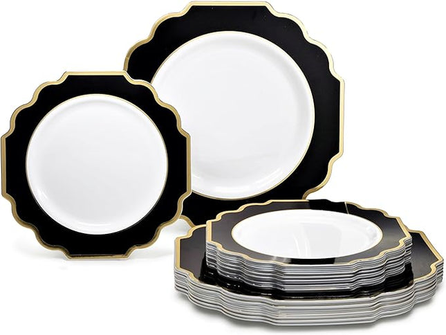 " OCCASIONS " 50 Plates Pack (25 Guests)-Heavyweight Wedding Party Disposable Plastic Plate Set -(25x10.5'' Dinner + 25x8'' Salad/dessert (Imperial in Black & Gold)