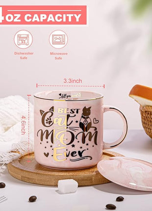 Cat Mom Gifts for Women, Cat Gifts for Cat Lovers - Best Cat Mom Ever - 14oz Pink Ceramic Marble Gold Pattern Coffee Mug with Gift Box, Christmas gifts for Crazy Cat Lady, Mom Wife Daughter Friends