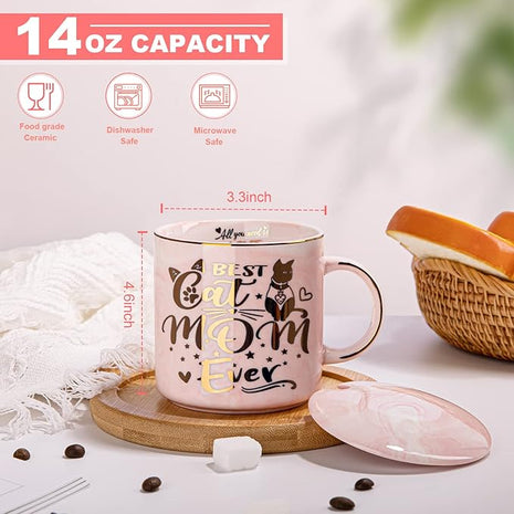 Cat Mom Gifts for Women, Cat Gifts for Cat Lovers - Best Cat Mom Ever - 14oz Pink Ceramic Marble Gold Pattern Coffee Mug with Gift Box, Christmas gifts for Crazy Cat Lady, Mom Wife Daughter Friends