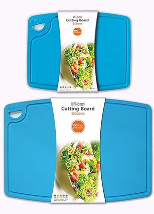 Liflicon Thick Cutting Boards for Kitchen Silicone Chopping Board Set of 2 Mid 12.6'' x 9.1”,Mini 9.1”x7.1” Non-slip Deep Drip Juice Groove Easy Grip Handle,Dishwasher Safe-Blue