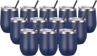 VEGOND Wine Tumblers Bulk 12 Pack, 12oz Stainless Steel Stemless Wine Glass with Lids and Straws, Double Wall Vacuum Insulated Tumbler Cup, Coffee Mug for Cold Hot Drinks