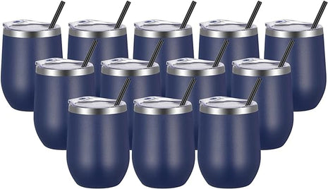 VEGOND Wine Tumblers Bulk 12 Pack, 12oz Stainless Steel Stemless Wine Glass with Lids and Straws, Double Wall Vacuum Insulated Tumbler Cup, Coffee Mug for Cold Hot Drinks
