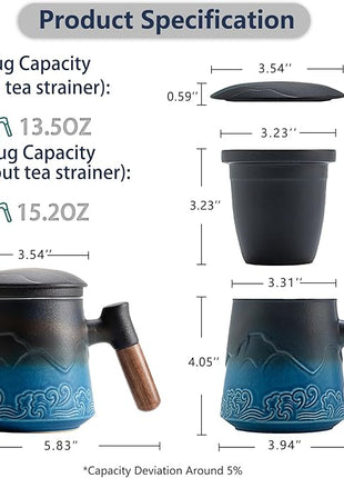 ZENS Tea Cup with Infuser and Lid for Loose Leaf Steeping, 16.9oz Embossed Ceramic Tea Infuser Mug, Wood Handle Tea Diffuser, Great Gift