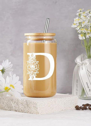 Coolife Initial Glass Cup, Monogrammed Gifts for Women, 16 oz Glass Cups w/Lids Straws, Iced Coffee Smoothie Beer Tumbler w/Straw Lid - Personalized Christmas, Birthday Gifts for Her Mom Friend Woman