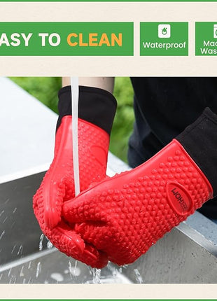 GEEKHOM BBQ Gloves Heat Resistant Oven Mitts - Silicone Grilling Gloves with 14" Long Arm Protection - Waterproof Pot Holder Non-Slip for Men & Women, Kitchen Cooking, Baking, Camping, Red