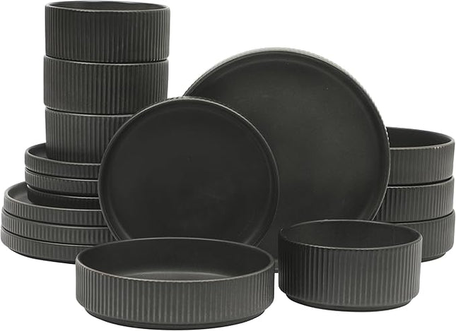 Gibson Elite Deerfield 16-Piece Stoneware Dinnerware Set – Matte Black Reactive Glaze Plates and Bowls, Stackable, Modern Design, Service for 4 – Microwave & Dishwasher Safe