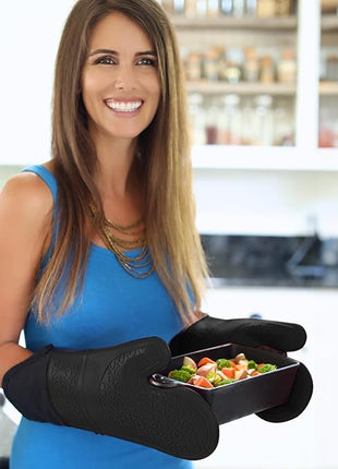 BPA-Free Silicone Oven Mitts Ultra Heat Resistant up to 500°F - Oven Mitts with Thick Cotton Liner - Long Slip Resistant Pot Holders, Flexible Oven Gloves - Black 14.7