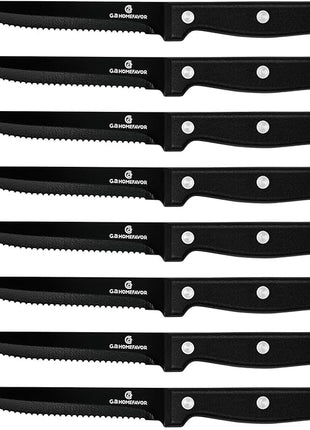 G.a HOMEFAVOR Steak Knife Set: 8-Piece Stainless Steel Sharp Serrated Knives Set with PP Handle for Kitchen, Full Black