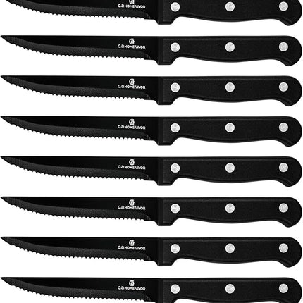 G.a HOMEFAVOR Steak Knife Set: 8-Piece Stainless Steel Sharp Serrated Knives Set with PP Handle for Kitchen, Full Black