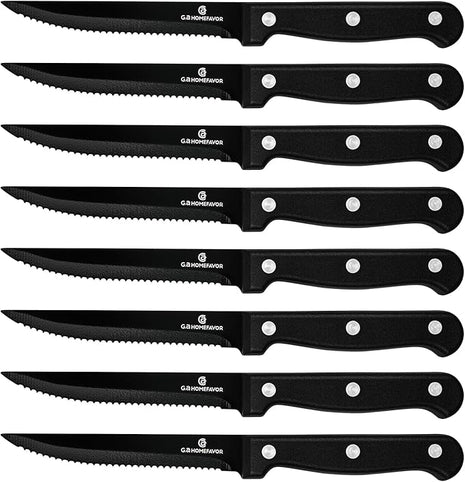 G.a HOMEFAVOR Steak Knife Set: 8-Piece Stainless Steel Sharp Serrated Knives Set with PP Handle for Kitchen, Full Black