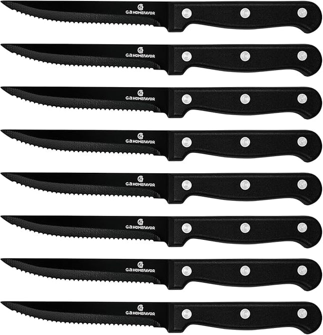 G.a HOMEFAVOR Steak Knife Set: 8-Piece Stainless Steel Sharp Serrated Knives Set with PP Handle for Kitchen, Full Black